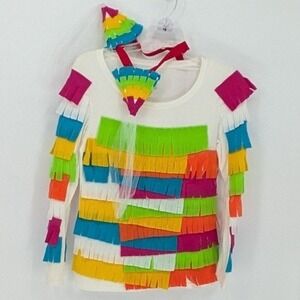 Homemade Piñata Costume Youth Large $25 Rainbow Fringe Felt Shirt‎ Two Point Hat